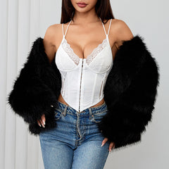 Sexy Solid Color Diamond Simple Lace Frill Halter Boned Button Slimming Camisole