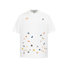 Design Sense Cartoon Sticker Print T-Shirt Short Sleeve Loose Pure Cotton Summer Top Street Trend Men's INS Tee