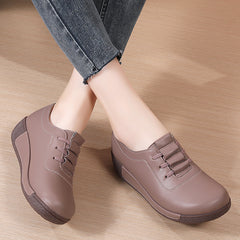 Large Size Sports Shoes for Women, Korean Version Thick Sole Rocking Shoes for Women, Genuine Leather Slip-On Wedge Heel Casual Mother Shoes