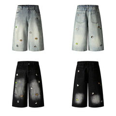 Embroidery Seven-Quarter Pants Unisex Summer Street Trend Straight Jeans