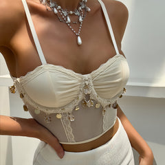 Luxury Solid Mesh Breathable Shell Pendant Sweet Girl Underwire Gathered Small Camisole