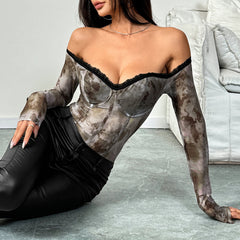 Retro Mesh Printed Lace One-Shoulder Slimming Sexy Jumpsuit