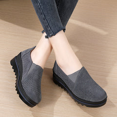 Leather Loafer Women's Single Shoes Platform Heel Shallow Mouth Soft Sole Mother Wedge Rocking Casual Shoes