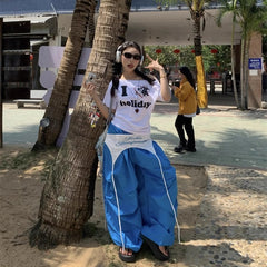 Star waistband paratrooper pants for women loose casual pleated wide leg pants