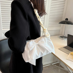 Lovely Bow Handbags for Girls Ladies Fashion Pleated Shoulder Bags for Women Simple Design Female Underarm Bag Casual Tote Purse