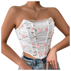 Floral Embroidery Bone Mesh Short Outerwear Tube Top