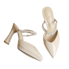 Women Slippers Female Shoes Pointed Toe Mules for Women 2024 Thin Heels Slippers Soft Beige Heeled Slides Fashion New Comfort