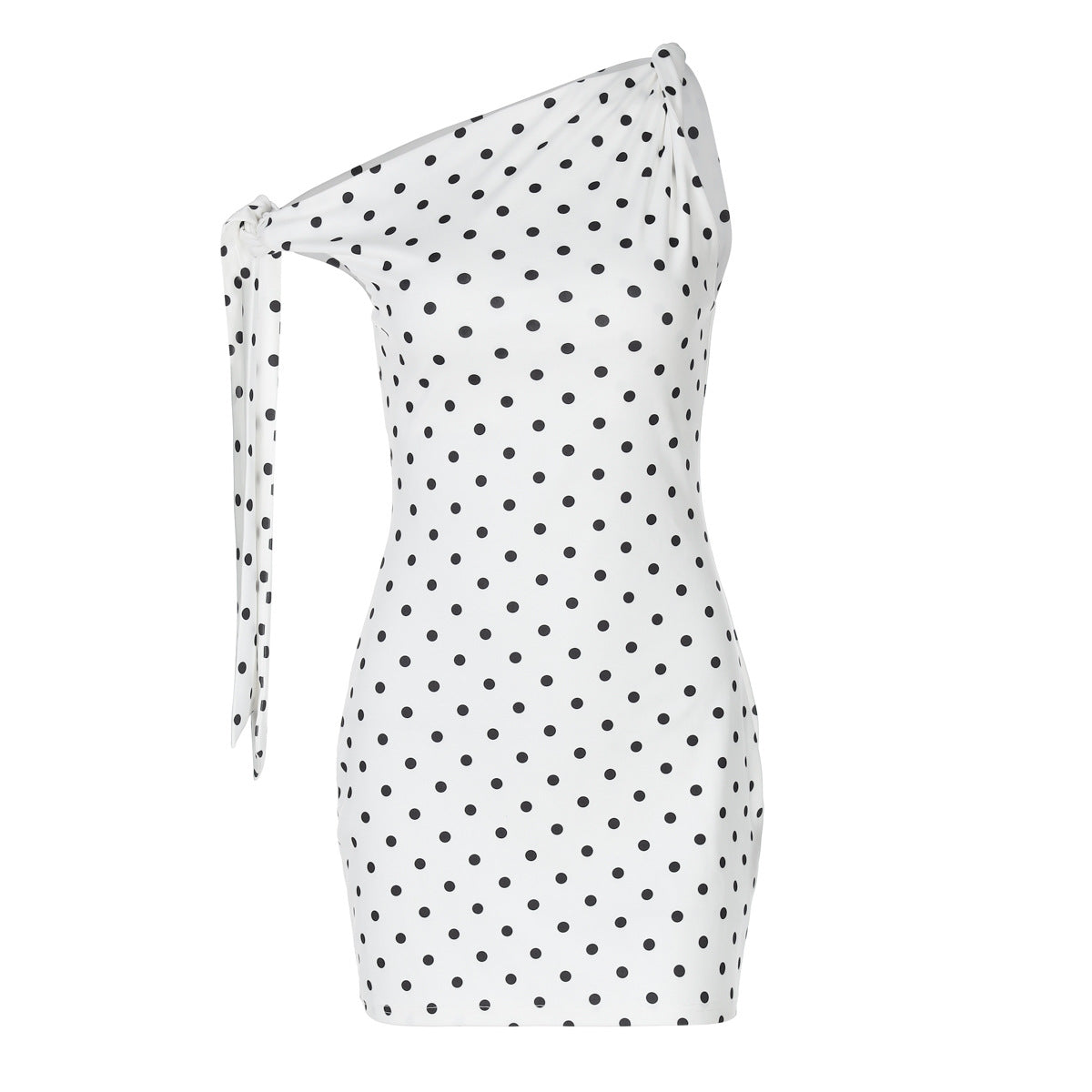 Polka Dot Printed Off-the-Shoulder Tied Fitted Bodycon Dress