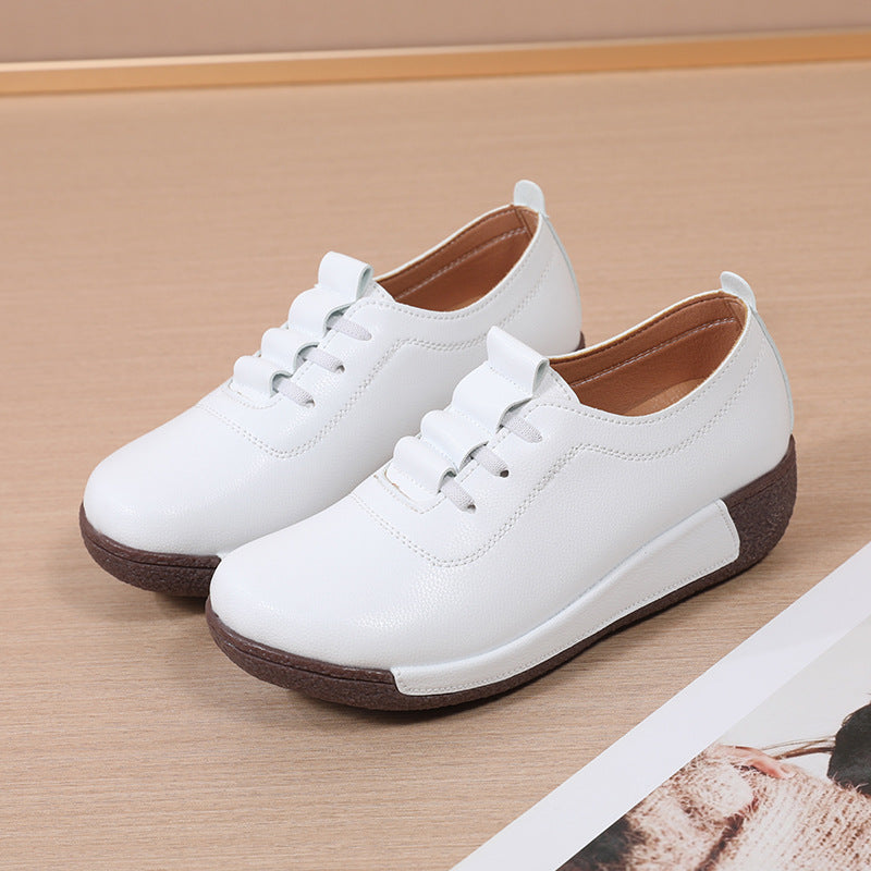 Large Size Sports Shoes for Women, Korean Version Thick Sole Rocking Shoes for Women, Genuine Leather Slip-On Wedge Heel Casual Mother Shoes