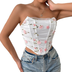 Floral Embroidery Bone Mesh Short Outerwear Tube Top