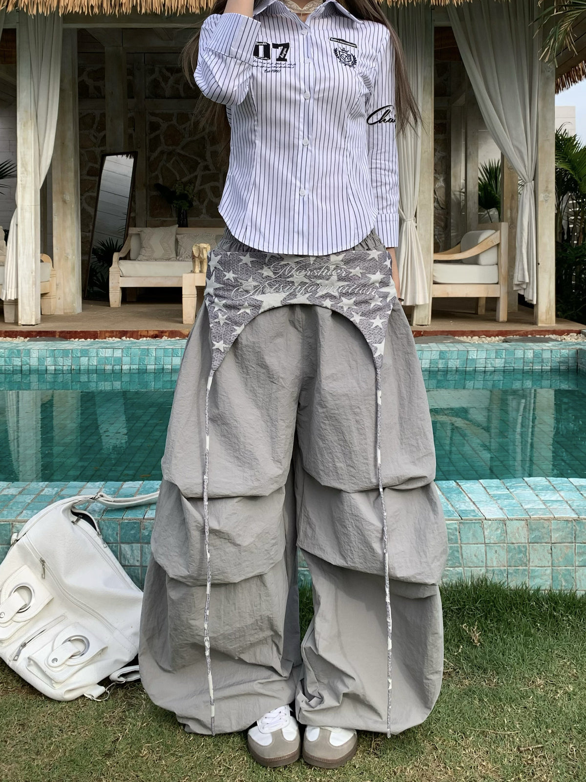 Star waistband paratrooper pants for women loose casual pleated wide leg pants