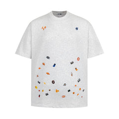 Design Sense Cartoon Sticker Print T-Shirt Short Sleeve Loose Pure Cotton Summer Top Street Trend Men's INS Tee