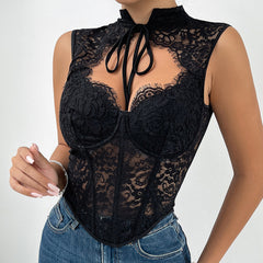 Sexy Lace Sheer Mesh Boned Bralette for Women  Exposed Wear Crop Top