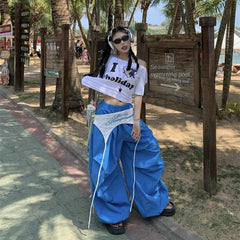 Star waistband paratrooper pants for women loose casual pleated wide leg pants