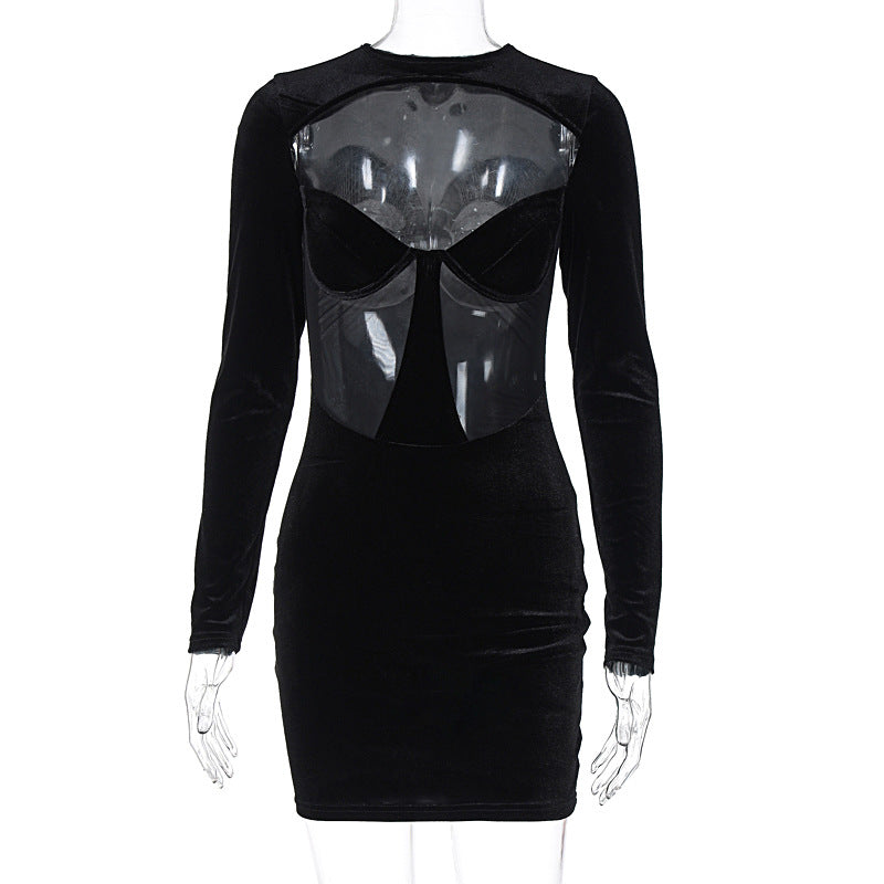 Hollow-out Transparent Fitted Long-sleeved Bodycon Dress
