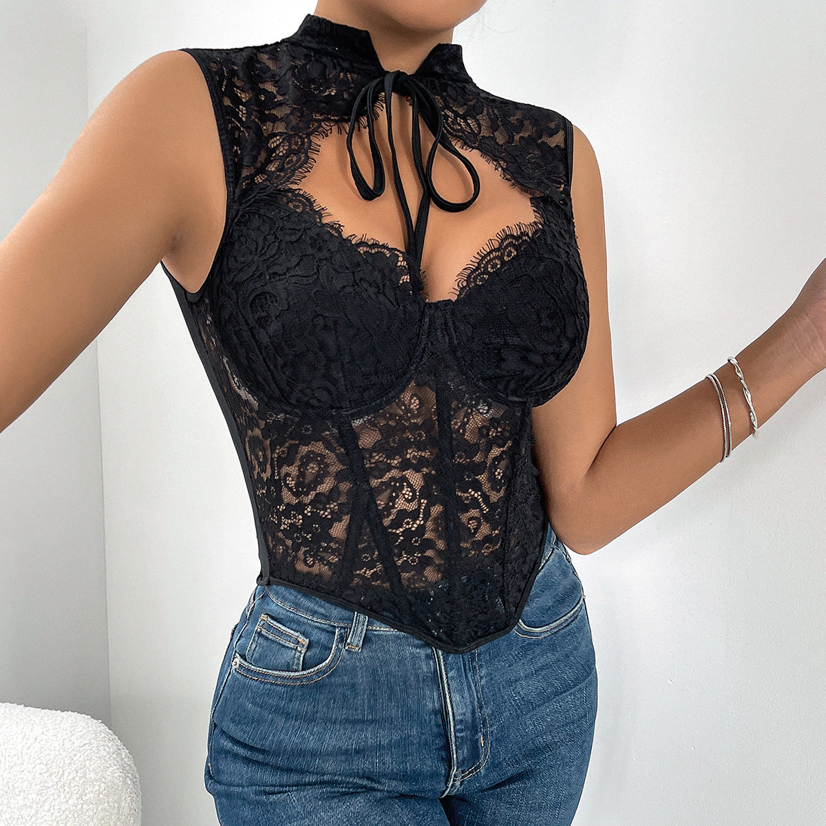 Sexy Lace Sheer Mesh Boned Bralette for Women  Exposed Wear Crop Top