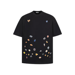 Design Sense Cartoon Sticker Print T-Shirt Short Sleeve Loose Pure Cotton Summer Top Street Trend Men's INS Tee