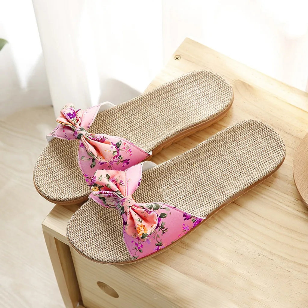 Shoes For Woman Sandalias Mujer Women Female Bowknot Flax Linen Flip Flops Beach Shoes Sandals Slipper Chaussures Femme