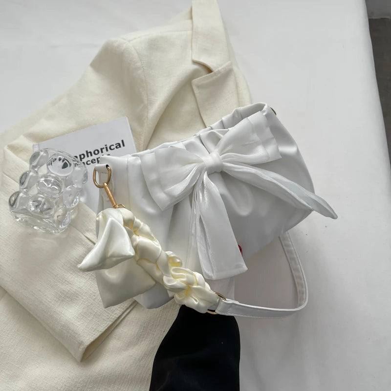 Lovely Bow Handbags for Girls Ladies Fashion Pleated Shoulder Bags for Women Simple Design Female Underarm Bag Casual Tote Purse