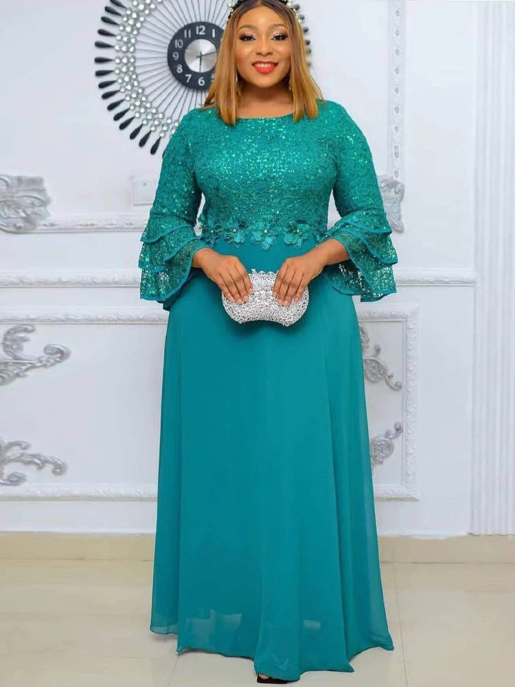 Elegant Women Evening Dresses Luxury Sequin Chiffon Long Dress African Dashiki Outfits Party Prom Birthday Gowns Female Clothing