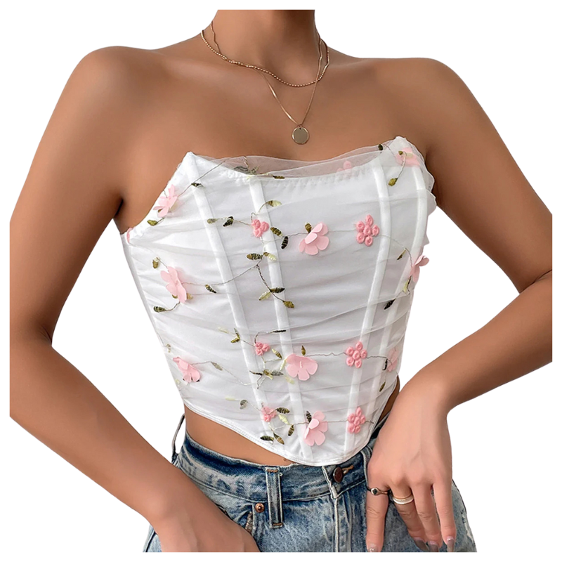 Floral Embroidery Bone Mesh Short Outerwear Tube Top