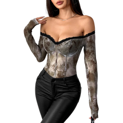 Retro Mesh Printed Lace One-Shoulder Slimming Sexy Jumpsuit